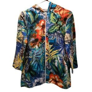 Onique Casuals Hooded Jacket Women Sz S Floral Full Zip Stretch‎ Pockets